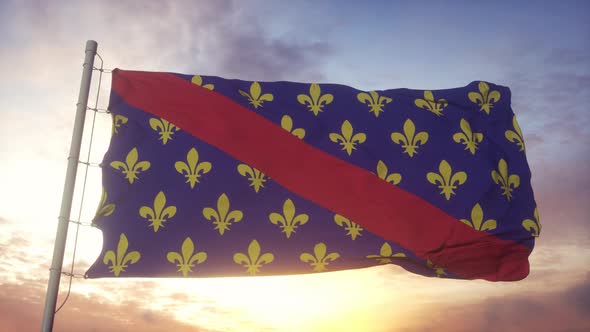 Bourbonnais flag, France, waving in the wind, sky and sun background alt