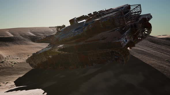 Militairy Tanks Destructed in the Desert at Sunset alt