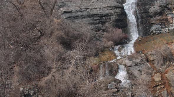 Flying  past leafless trees towards waterfall alt