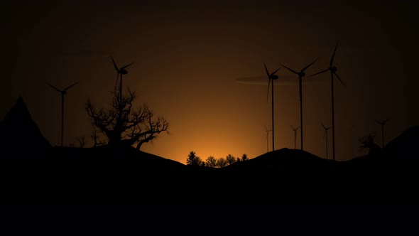 Landscape at dawn with windmills, electric wind generation
