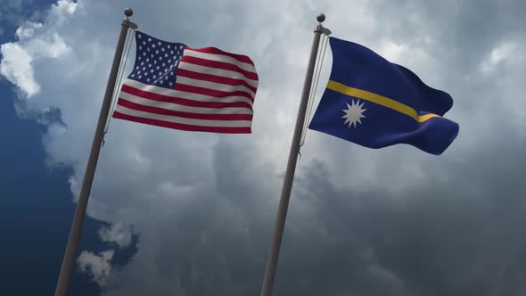 Waving Flags Of The United States And The Nauru 4K alt