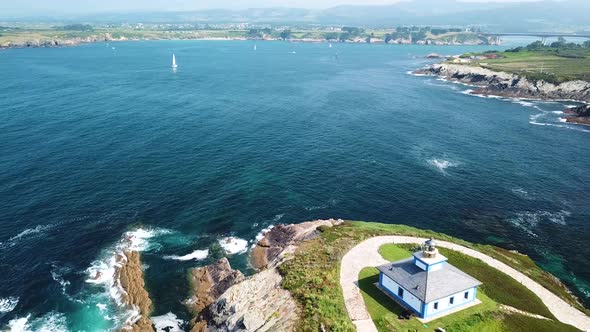 Aerial View of the Lighthouse on Pancha Island. Northern Spain in Summer