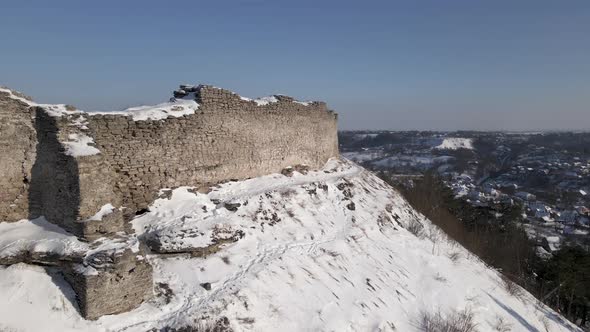 Aerial Drone View of the 13Thcentury Medieval Kremenets Castle in a Territory of Ukraine Country