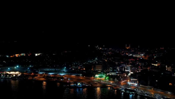 Golden Horn And Galata Bridge Aerial Hyperlapse At Night