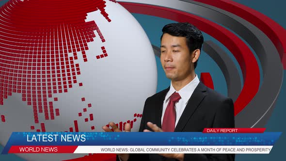 Side View Of Asian Professional Male Anchor Reporting On The Events Of The Day. Television Channel alt