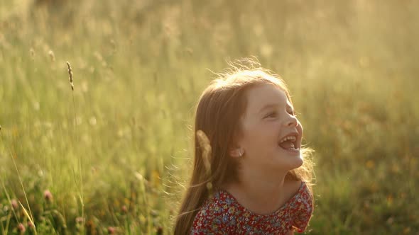 Little Cute Girl with Flowing Hair in a Summer Dress Sitting on the Grass Laughing and Posing for
