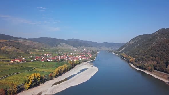 Aerial of Weisenkirchen, Wachau Valley, Austria alt