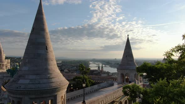 Flight over Fisherman's Bastion (Halaszbastya) in Budapest, Hungary, Europe alt