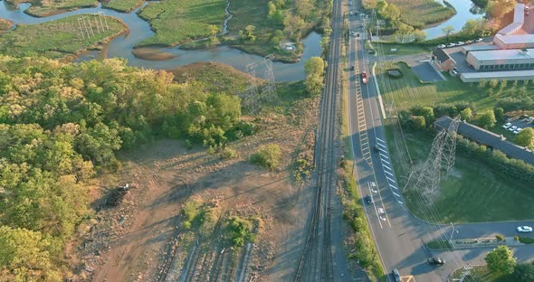 Aerial Top View the Locomotive on Rails Near Road the Platforms of the Railway Hub alt