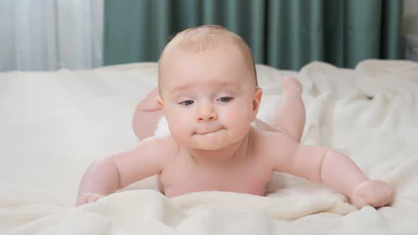 Portrait of Cute Little Baby Boy with Blue Eyes Lying on Bed and Looking in Camera alt