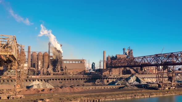 Aerial View. Metallurgical Production, Operation of Blast Furnaces, Crane Work, Hyperlapse alt
