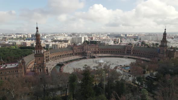 Spain Square and Maria Luisa Park, aerial pan with city view; Seville