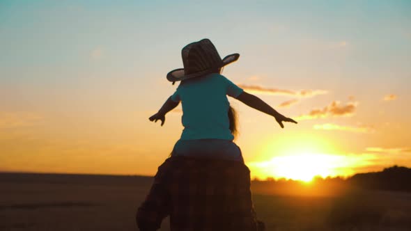 Happy Family Mother and Little Son Silhouettes Playing on Meadow alt