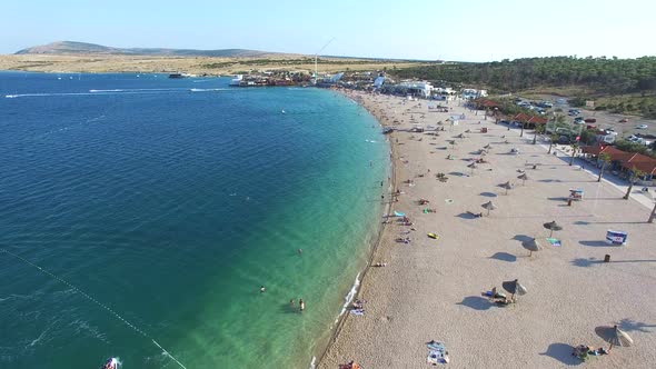 Aerial view of famous zrce party beach of Pag island in the morning, Croatia alt