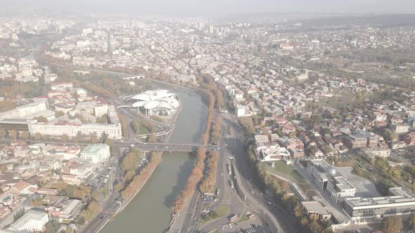 Tbilisi, Georgia - October 25 2021: Flying over Baratashvili bridge in the center of Tbilisi alt