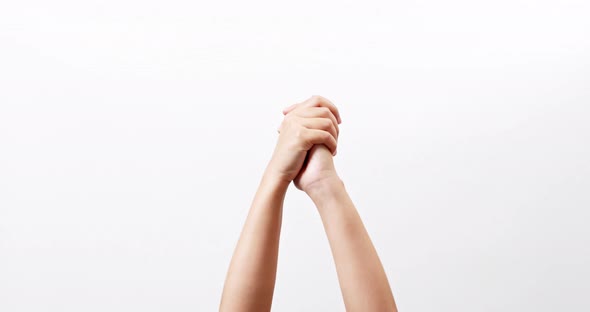 Female's hands are aligned together an opportunity for cooperation isolated on a white studio backgr alt