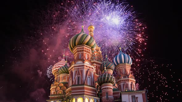 Celebratory colorful fireworks and Temple of Basil the Blessed,  Red Square, Moscow, Russia