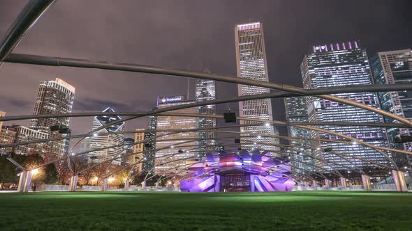 Night timelapse of sky over Jay Pritzker Pavilion alt