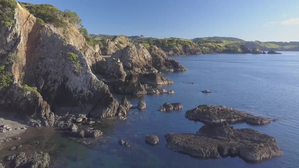Aerial footage of rocky New Zealand shoreline