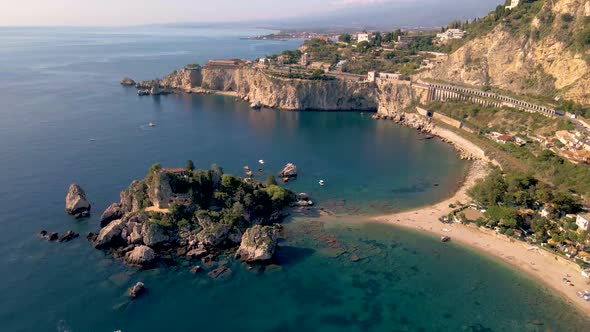 Taormina Sicily Isola Bella Beach From the Sky Aerial View Voer the Island and the Beach By Taormina alt