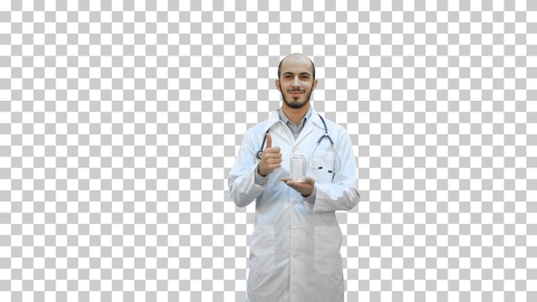 Smiling doctor recommending pills and, Alpha Channel