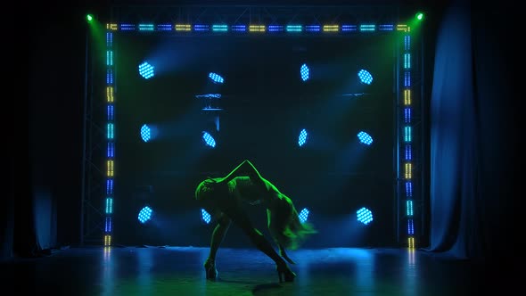 Young Sexy Female Go Go Dancer Incendiary Dancing in a Dark Studio. Silhouette of a Female Body alt