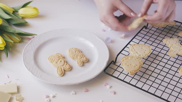 Woman Transfering Freshly Baked Easter Cookies From Cooling Rack in to a Plate