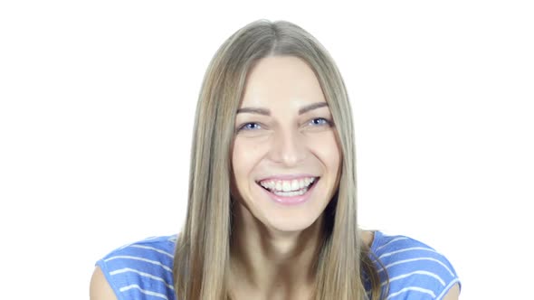 Portrait Of Laughing Beautiful Woman, White Background alt