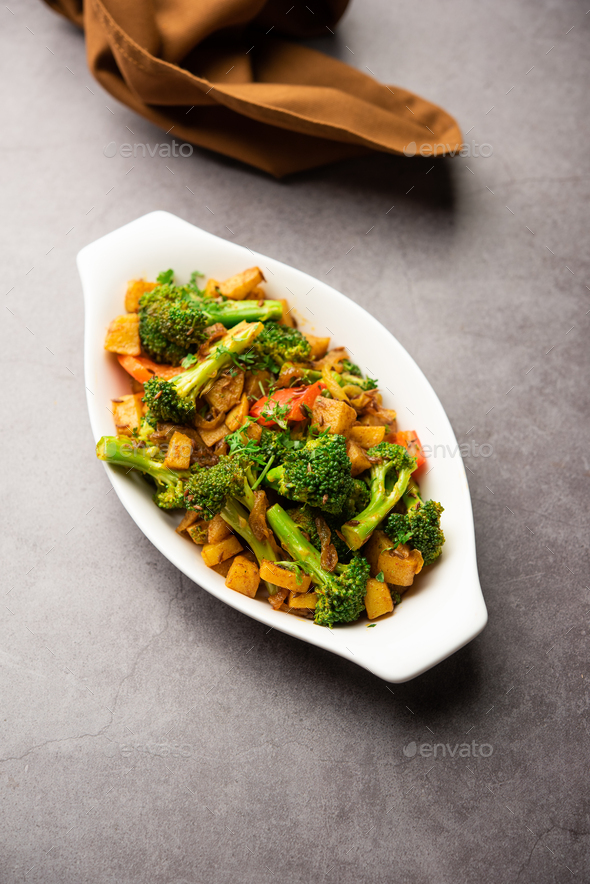 Indian style Broccoli And Aloo Poriyal or South Indian Broccoli And