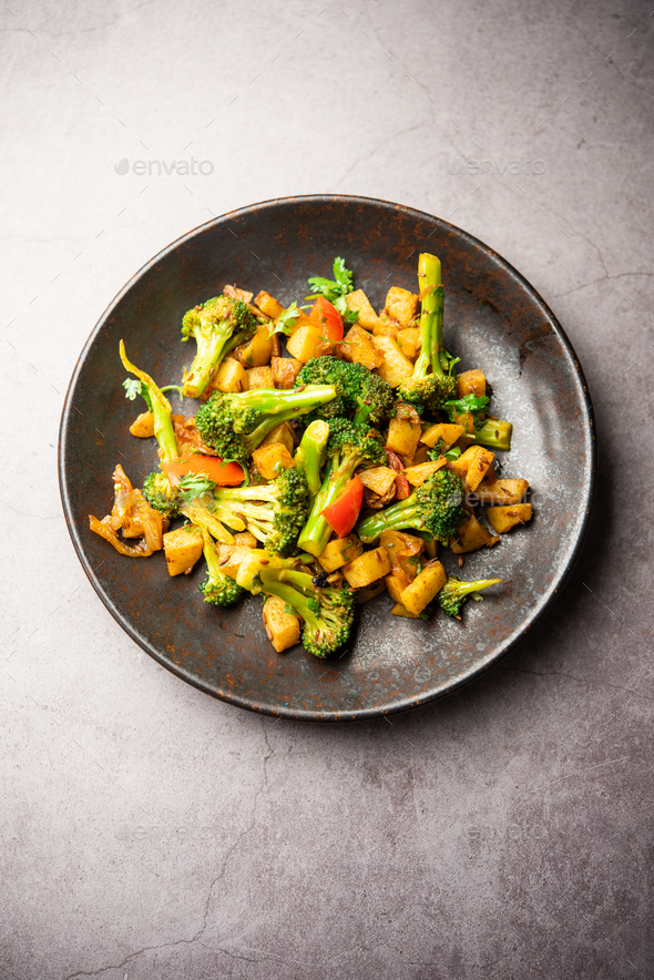 Indian style Broccoli And Aloo Poriyal or South Indian Broccoli And