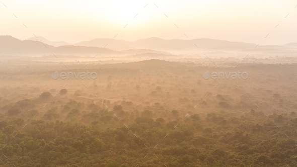 beautiful scenic view of mist over empty filed in Asia, sri lanka, sigiriya