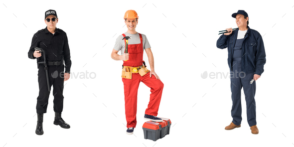 Collage with male professions policeman, builder and plumber isolated on white