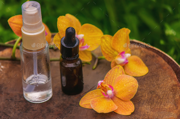bottles with essential oils and orchid in bowl isolated on white background - Stock Photo - Images