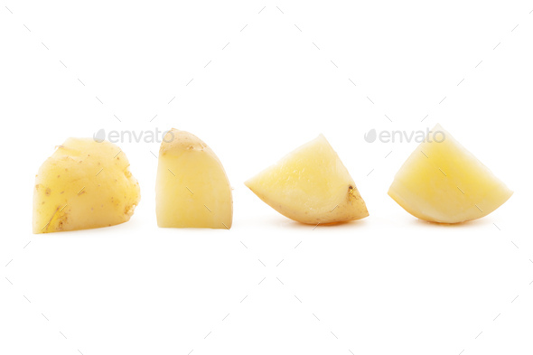 Isolated potatoes. Whole potatoe and cut isolated on white background with  clipping path Stock Photo