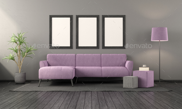 Poster mockup in a black living room with purple sofa on carpet - Stock Photo - Images
