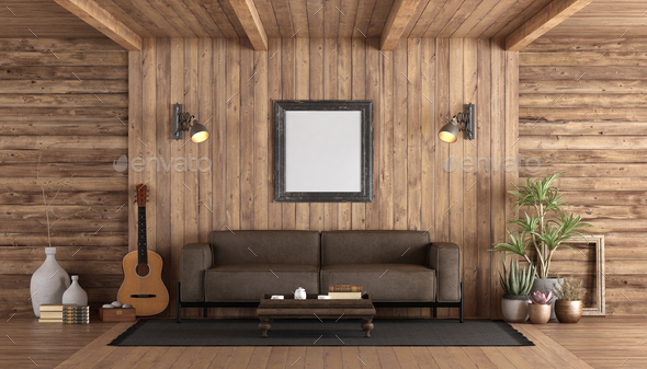 Rustic style wooden living room with leather sofa - Stock Photo - Images