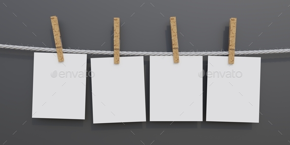 Paper card hang with clothespin. Blank memo note, reminder on