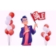 Sale Poster with Balloons and Man Hold Banner