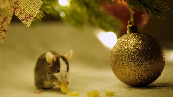Macro Shot of A Small Gray Rat Eating Cheese Sitting Among the Decorations Under the Christmas Tree.