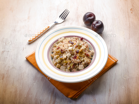 risotto with chicken chest and plum