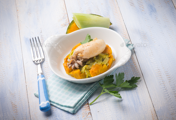 sepia with steamed pumpkins and leek salad - Stock Photo - Images