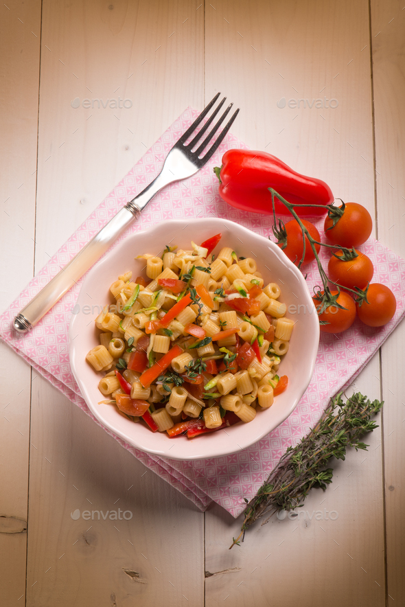 pasta with capsicum tomatoes and thymus - Stock Photo - Images