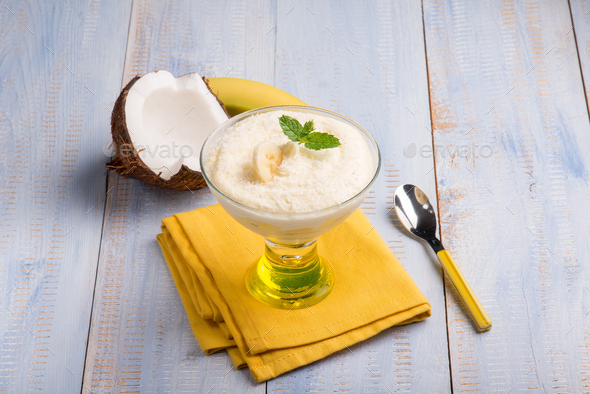 coconut and banana mousse - Stock Photo - Images