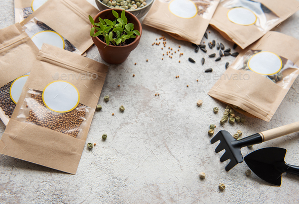 Microgreen seeds in paper bags and equipment for sowing