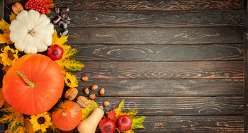 Thanksgiving day and harvest composition on dark wooden background. Copy space