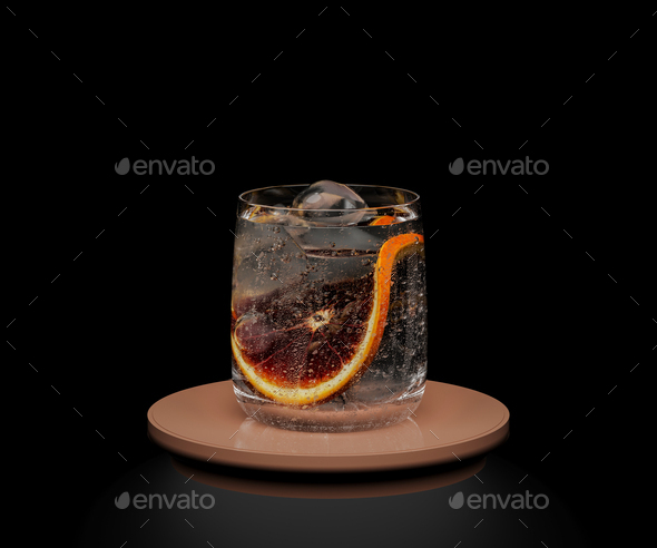 Glass with drink, ice, citrus fruit slice on black background, cocktail concept, 3d  rendering - Stock Photo - Images