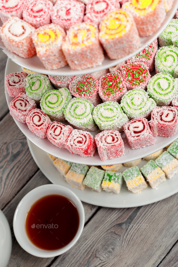 Turkish delight on a wooden table. - Stock Photo - Images