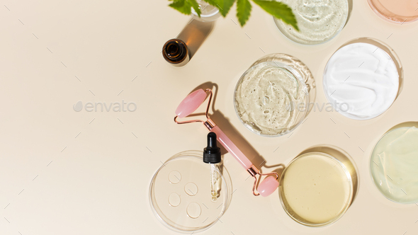 Skin care cosmetic background. Homemade cosmetics for skincare and quartz face roller