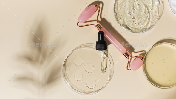 Skin care cosmetic background. Homemade cosmetics for skincare and quartz face roller