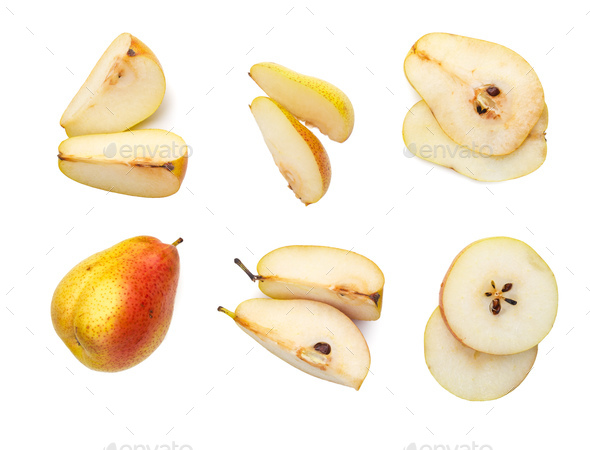 ripe red yellow pear fruits isolated on white background. Top view. - Stock Photo - Images